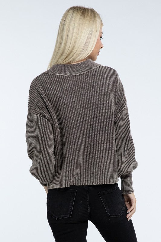 Zenana Washed Collared Henley Sweater in 6 Colors! ZENANA