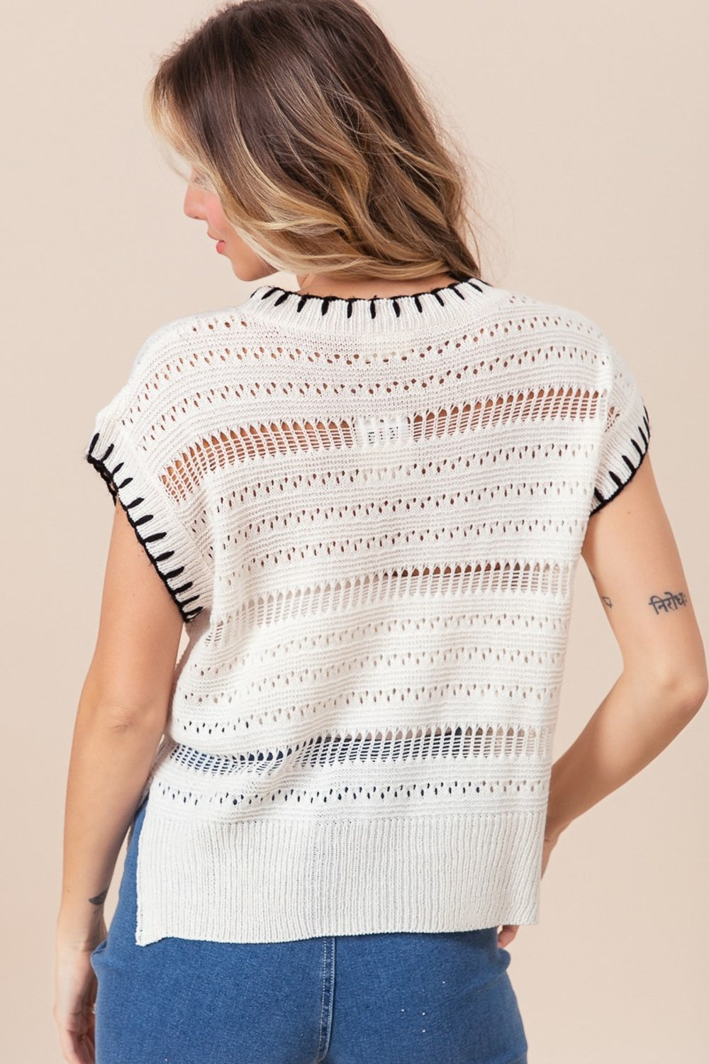 BiBi Ivory Stitch Edge Pointelle Side Slit Sweater Vest Trendsi
