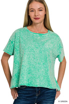 Zenana Kelly Green Halo Washed Cotton Short Sleeve Top K GREEN