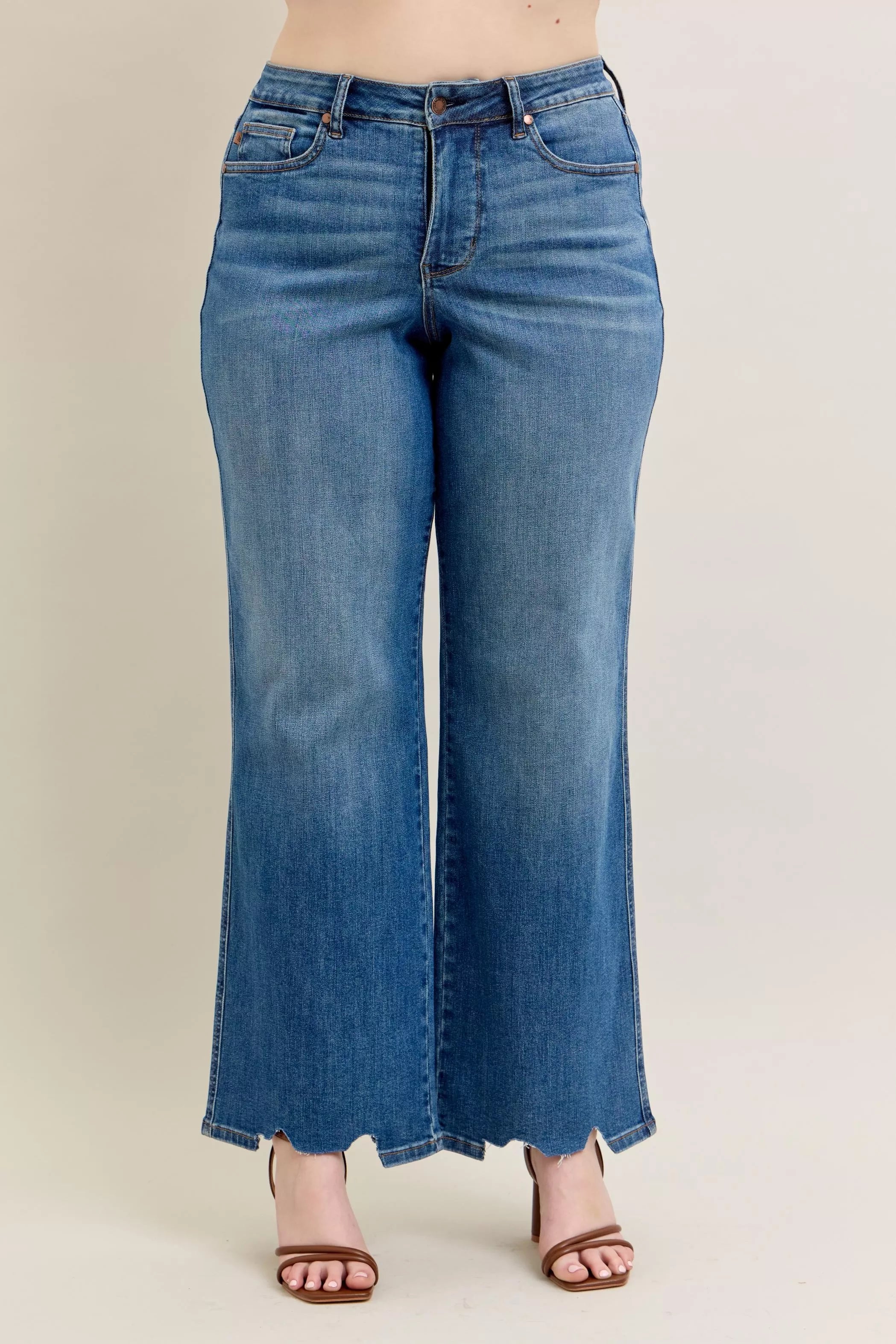 Judy Blue Medium Washed High Waist Tummy Control Chew Hem Destroyed Wide Jeans