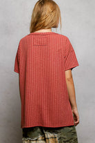 POL Terra-cotta Ribbed Knit V-Neck Short Sleeve T-Shirt with Side Slit