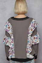 POL Charcoal Round Neck Sweater with Floral Ruffle Detail
