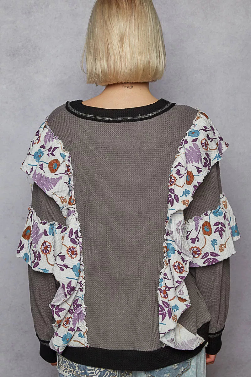 POL Charcoal Round Neck Sweater with Floral Ruffle Detail