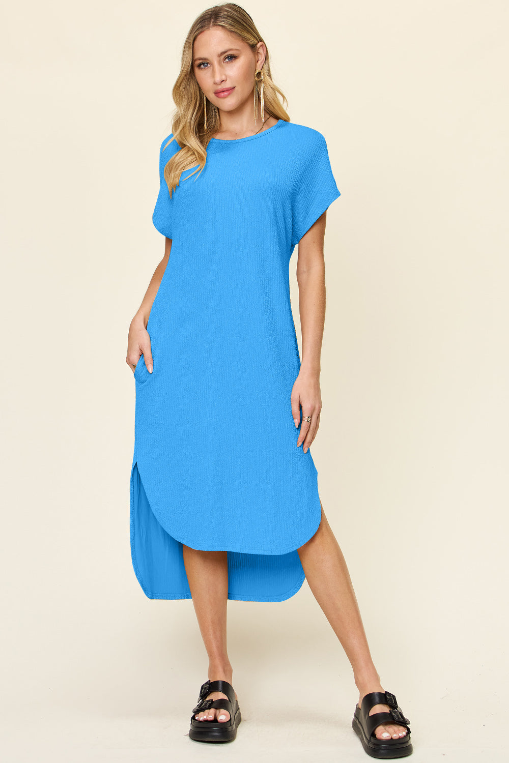 Double Take Ribbed Textured Round Neck Short Sleeve Slit Dress Sky Blue Trendsi