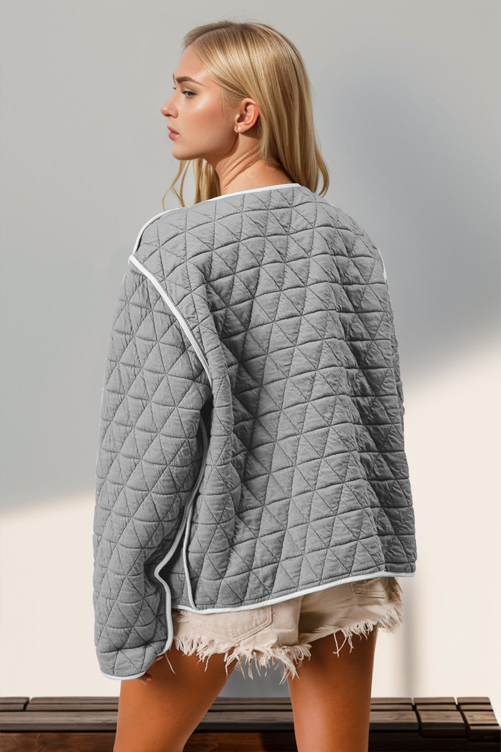 Preorder: Double Take Gray Contrast Trim Tie Front Quilted Jacket with Pockets Trendsi