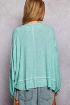POL Aqua Round Neck Long Sleeve Exposed Seam Top with Chest Pocket