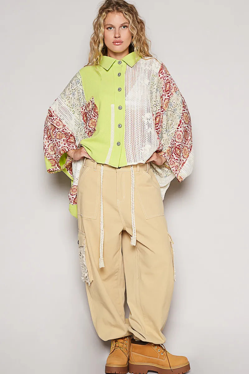 POL Neon Lime Thermal and Crochet Lace Mix Shirt with Floral Pattern