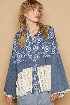 POL Peacock Blue Lace Hem Embroidered Long Sleeve Shirt Shirts & Tops