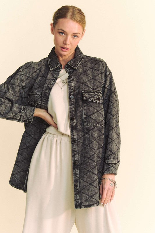 Davi & Dani Black Curved Hem Diamond Quilted Button Up Denim Shacket Trendsi