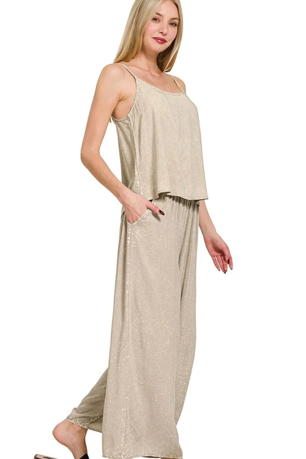 Zenana Ash Mocha Woven Acid Crinkle Washed Cami & Pants 2 Piece Set