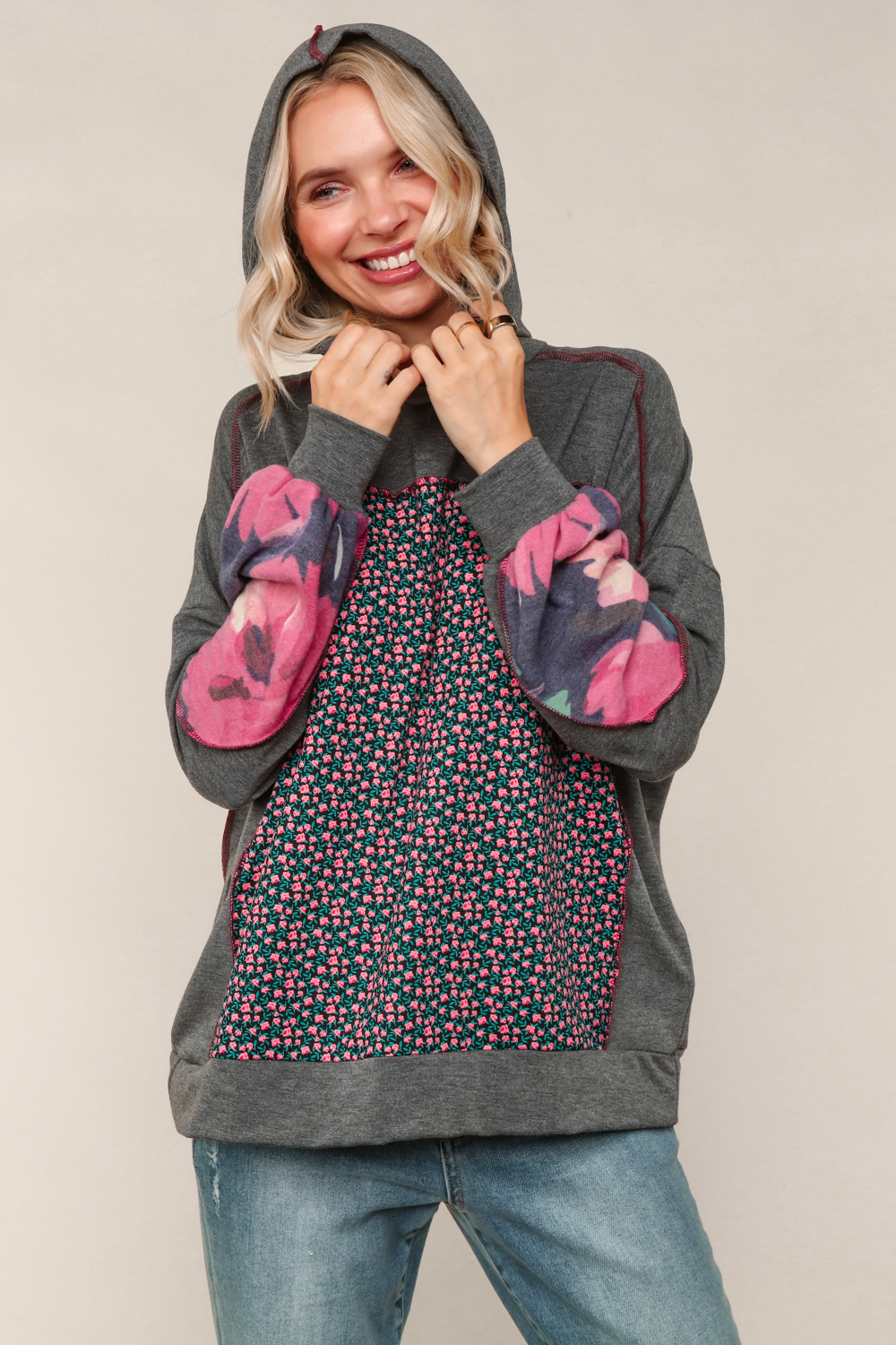 Haptics Charcoal Floral Color Block French Terry Hoodie