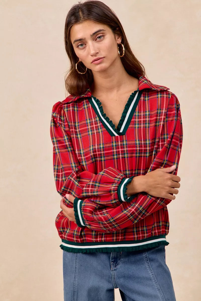 BiBi Christmas Red Plaid Collared Top with Ruffled Detail