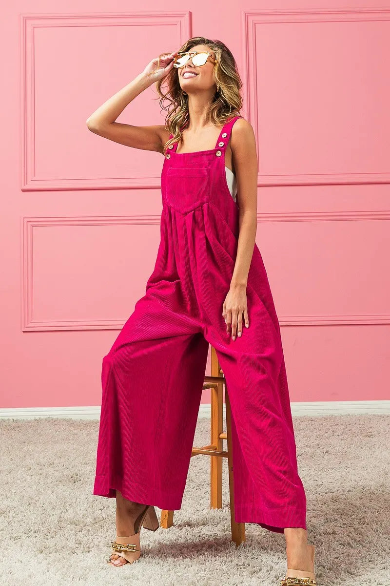 BiBi Fuchsia Vintage Washed Corduroy Wide Leg Overalls