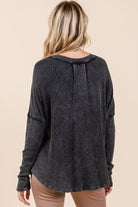 Mittoshop Charcoal Washed Textured V-Neck Long Sleeve Top Shirts & Tops