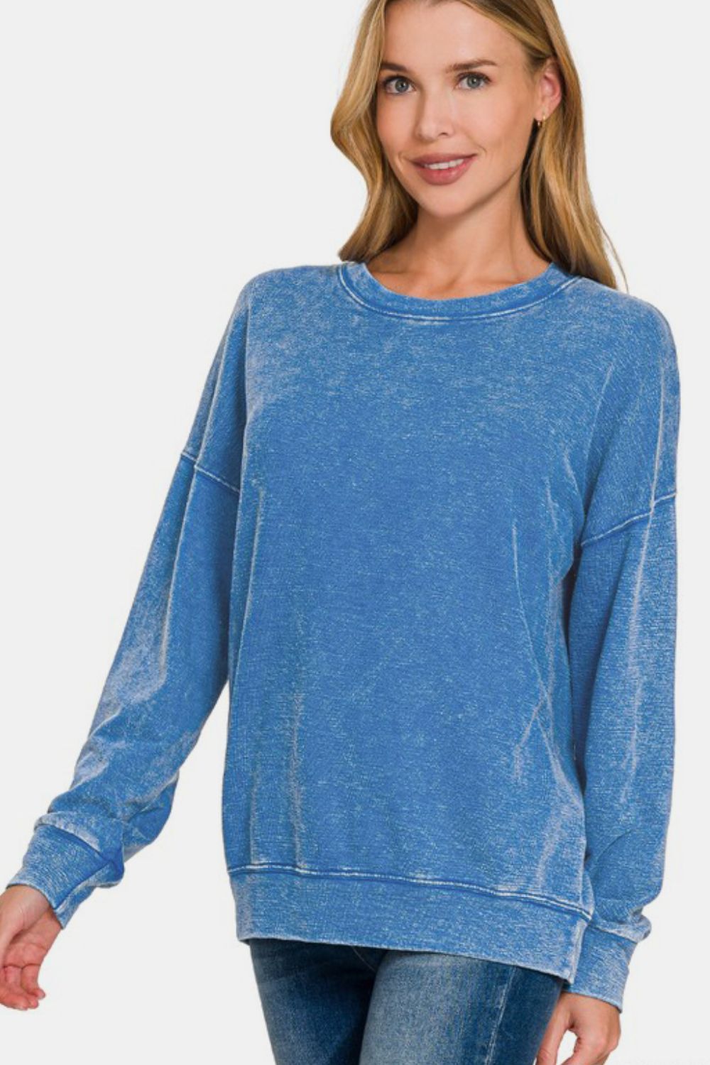 Zenana Blue Washed Round Neck Dropped Shoulder French Terry Sweatshirt Blue