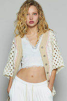 POL Button Down V-Neck Jacket with Printed Woven Patchwork CREAM MULTI