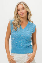 BiBi Denim Chevron Pointelle Pearl Knit Top