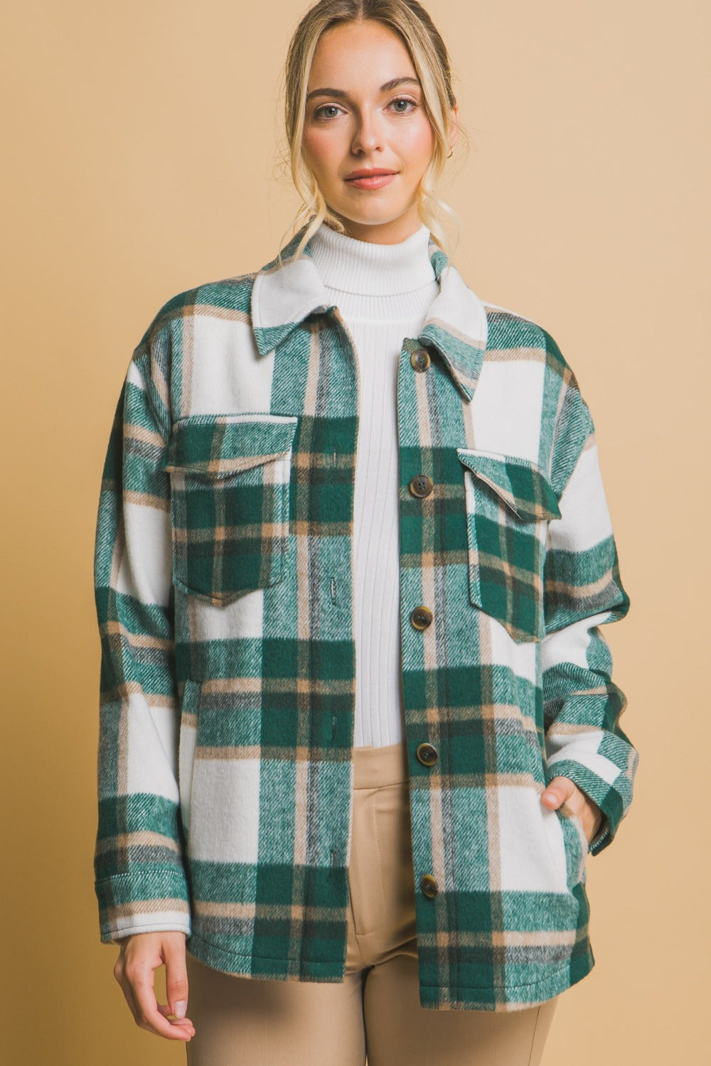 Love Tree Plaid Button Up Shacket Green Trendsi