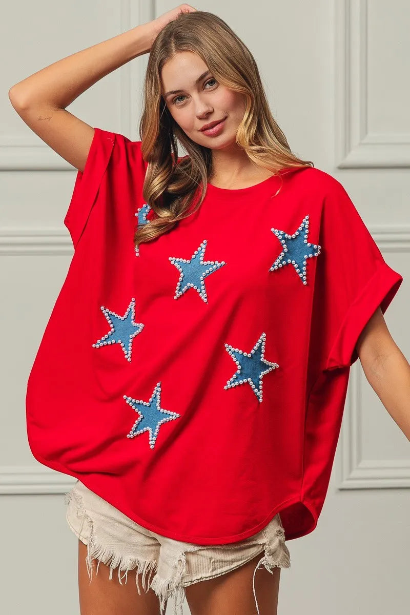 BiBi Red Beaded Stars Appliques Fourth Of July Terry T-Shirt