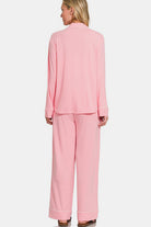 Zenana Pink Button Down Long Sleeve Top and Pants Lounge Set Loungewear