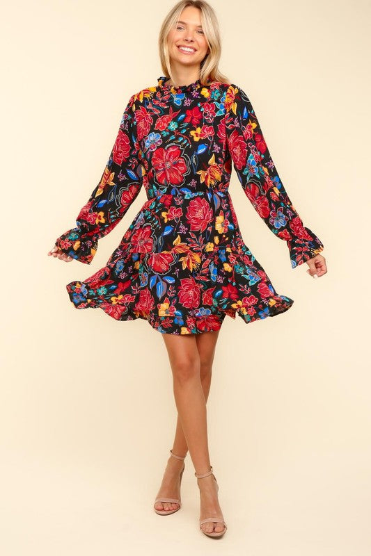 Haptics Lock Eyes Black Floral Sequin Print Ruffle Sleeve Frill Mock Neck Dress Haptics