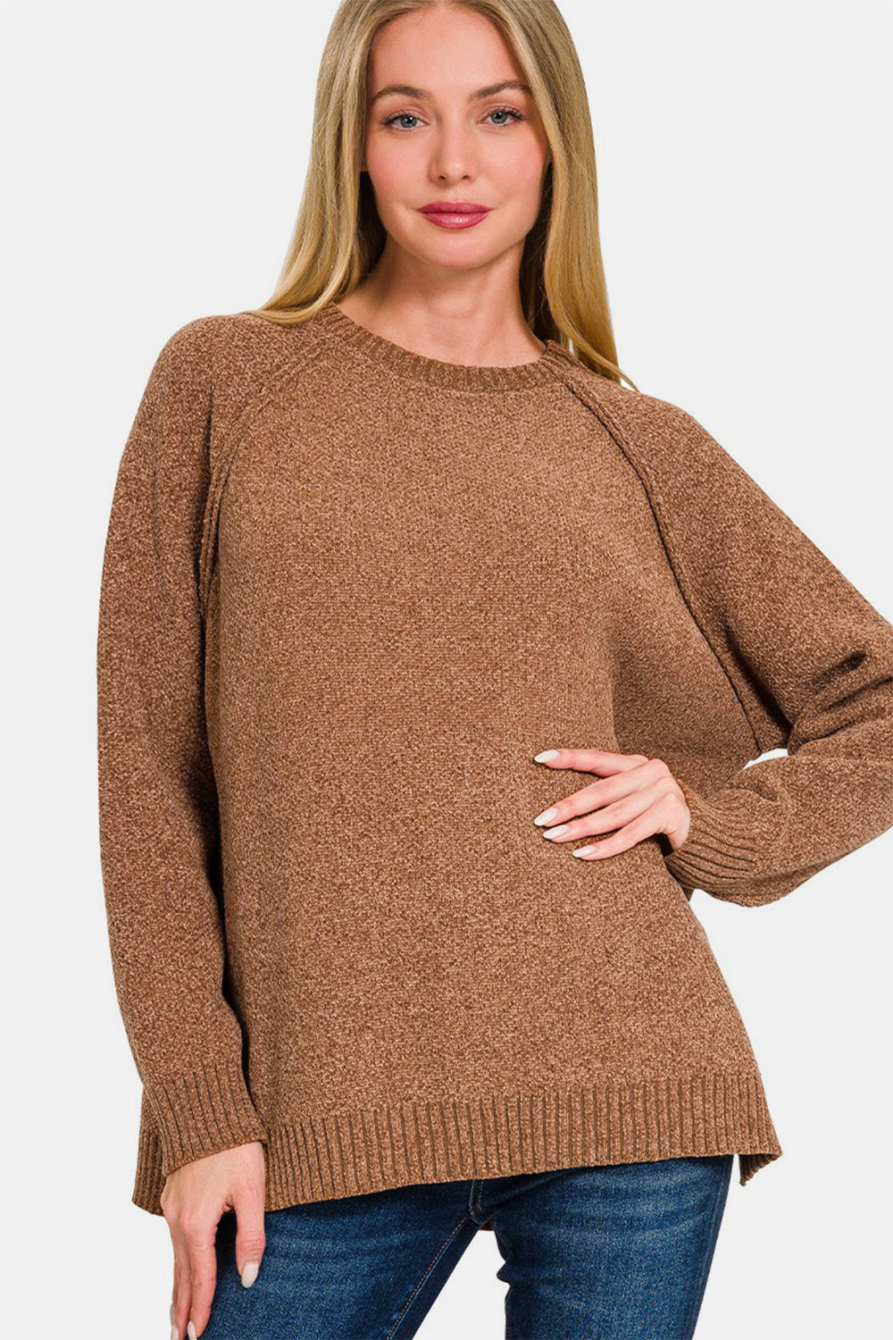 Zenana Chenille Side Slit Raglan Sleeve Sweater in Deep Camel Deep Camel Shirts & Tops