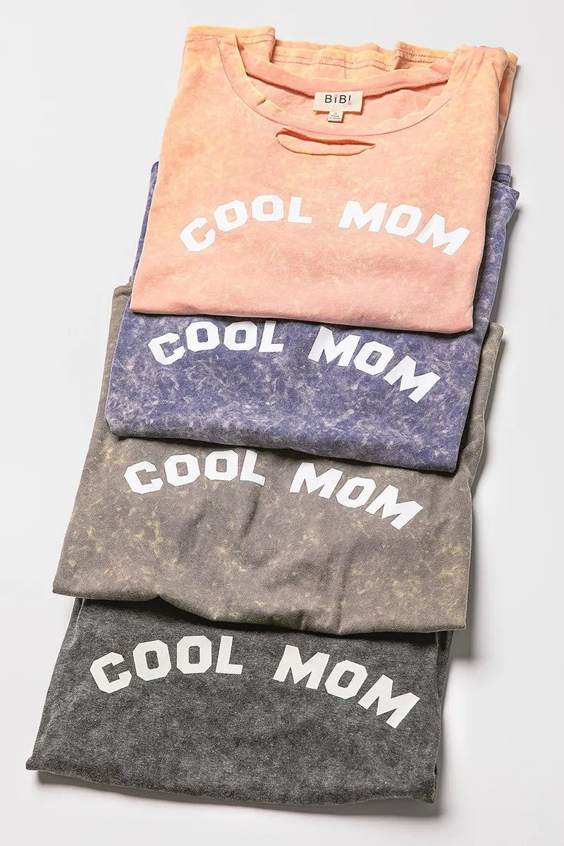 BiBi Black Charcoal Washed Laser Cut Detail Cool Mom Print Top
