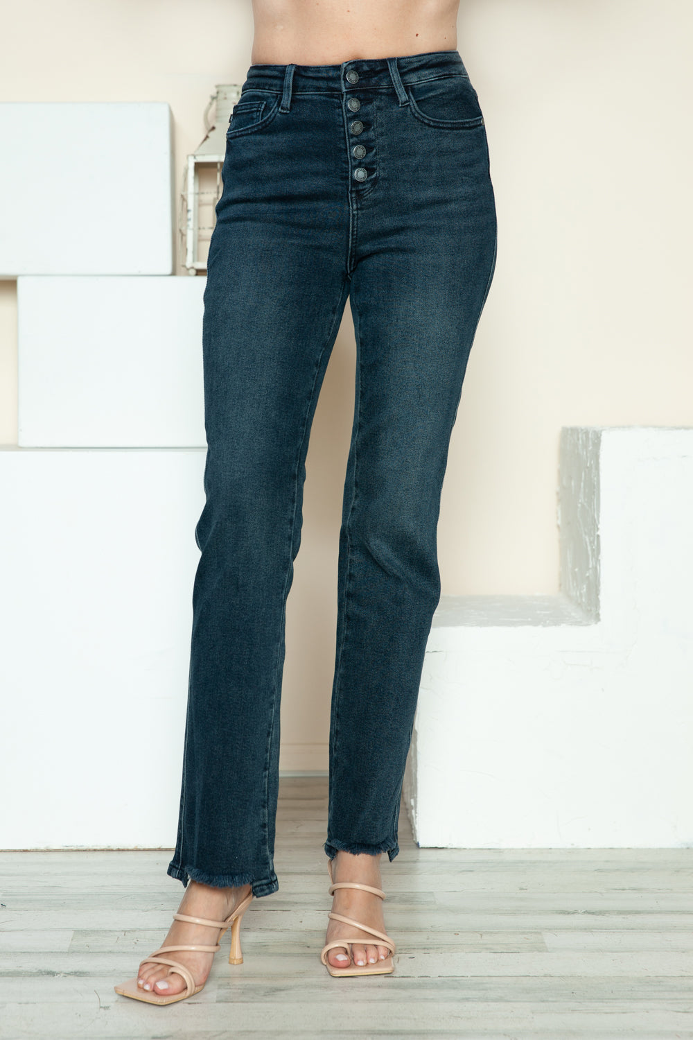 Judy Blue Dark Washed Button Fly Destroy Hem Straight Jeans Jeans