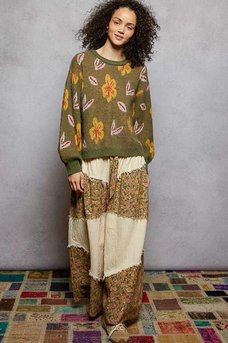 POL Olive Floral Pattern Round Neck Balloon Sleeve Sweater