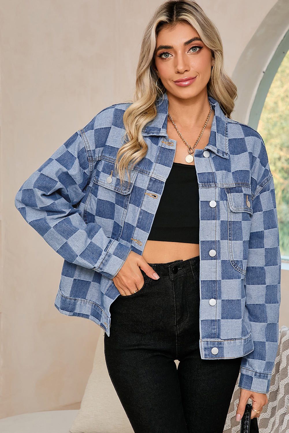 Light Blue Checkered Patchwork Button Up Denim Jacket Light Blue Shewin