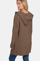 Zenana Brown Hooded Open Front Sweater Cardigan Cardigan