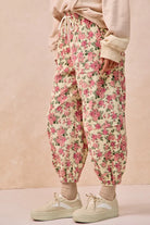BiBi Cream & Pink Floral Printed Twill Drawstring Pants With Elastic Band