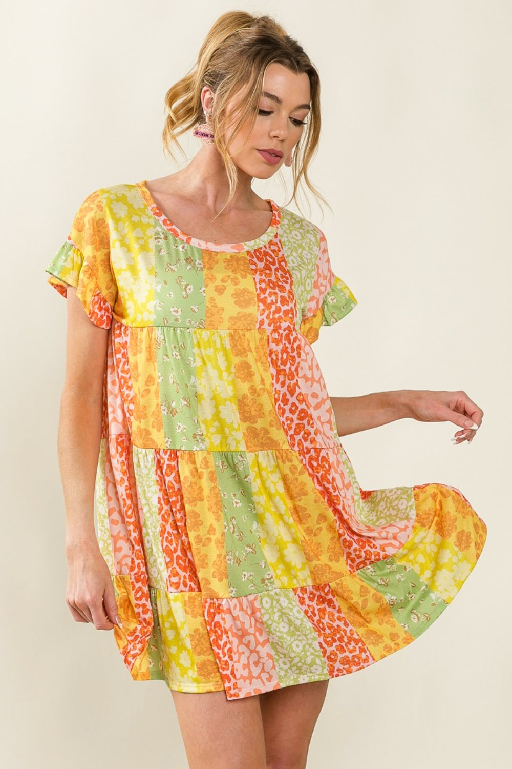 BiBi Orange & Lime Leopard Short Sleeve Tiered Dress Trendsi