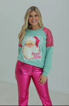 Southern Grace Santa Sequin Mint Sweater Ruby Idol Apparel