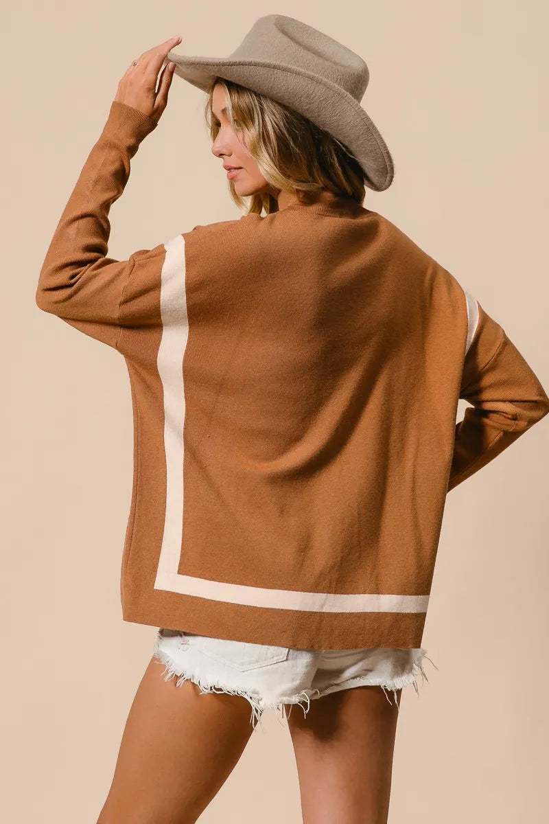 BiBi Camel Mock Neck Sweater with Leopard Pocket