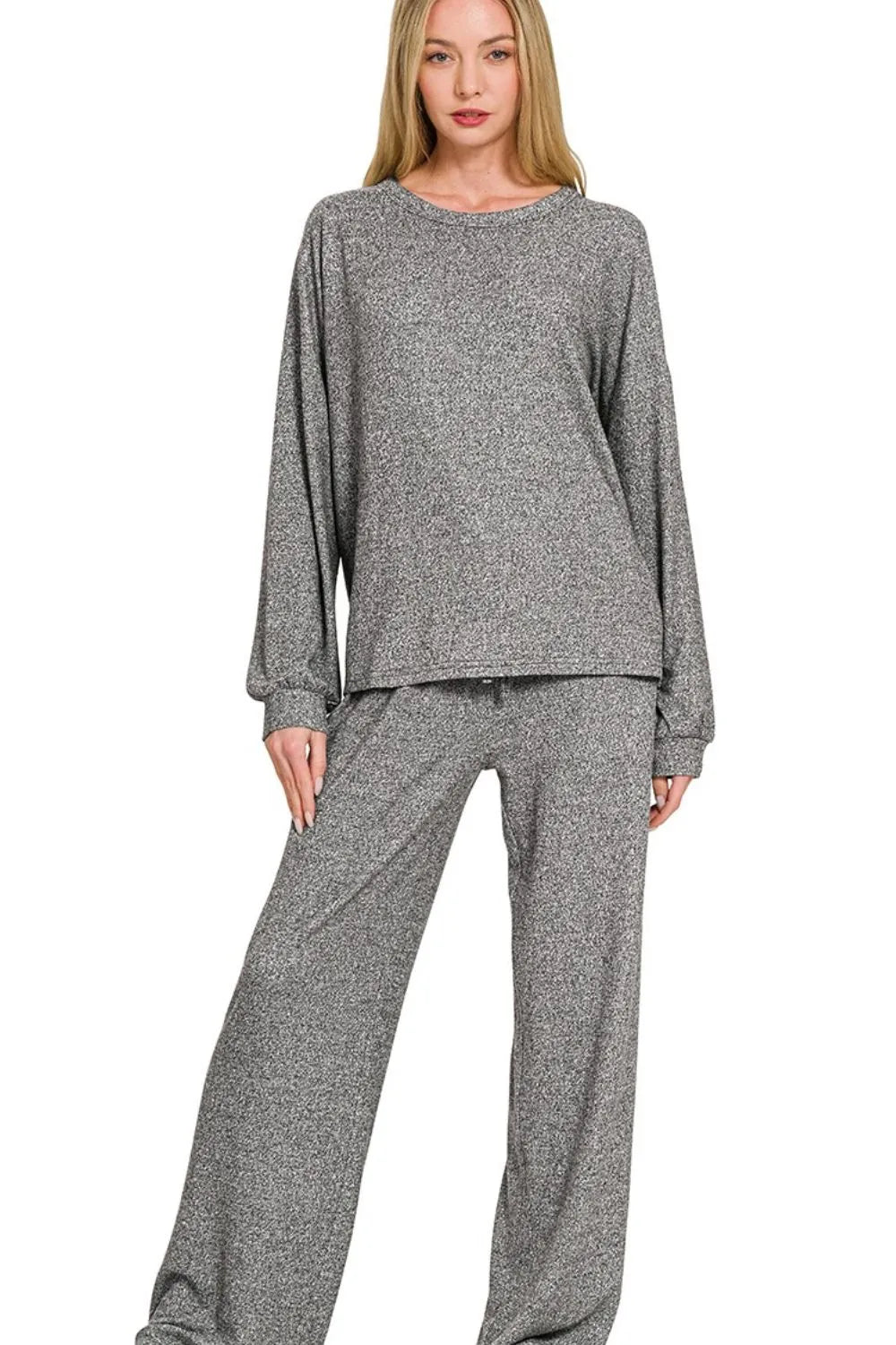 Zenana Black Soft Melange Hacci Long Sleeve Tee & Pants Set