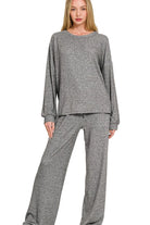 Zenana Black Soft Melange Hacci Long Sleeve Tee & Pants Set