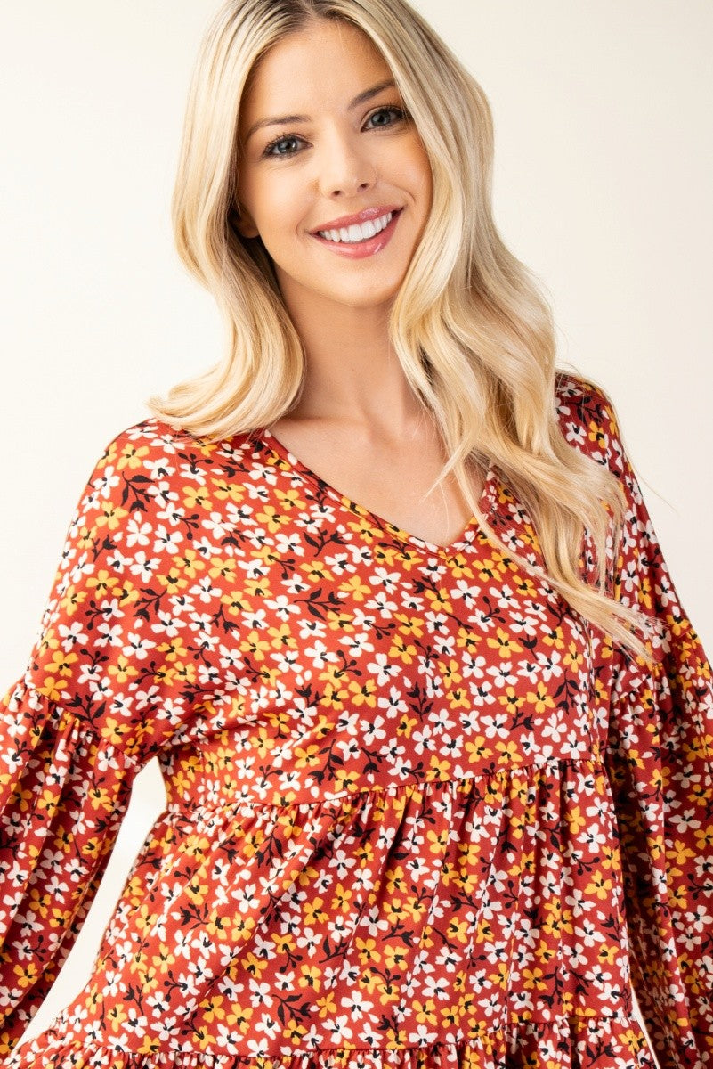 Celeste Floral V-Neck Tiered Balloon Sleeve Blouse in Rust Shirts & Tops