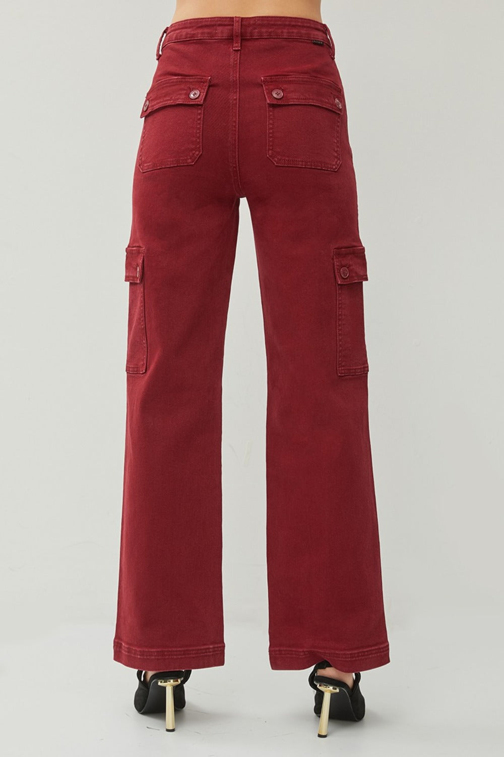 RISEN Wine Colored High Rise Wide Leg Cargo Jeans Trendsi