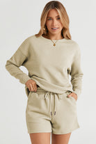 Double Take Quilted Textured Long Sleeve Top and Drawstring Shorts Set Trendsi