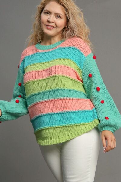 Umgee Color Block Cable Knit Sweater with Pom Pom