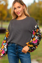 Haptics Diva Dreams Black Floral Bubble Sleeve Rib Mineral Wash Top Haptics