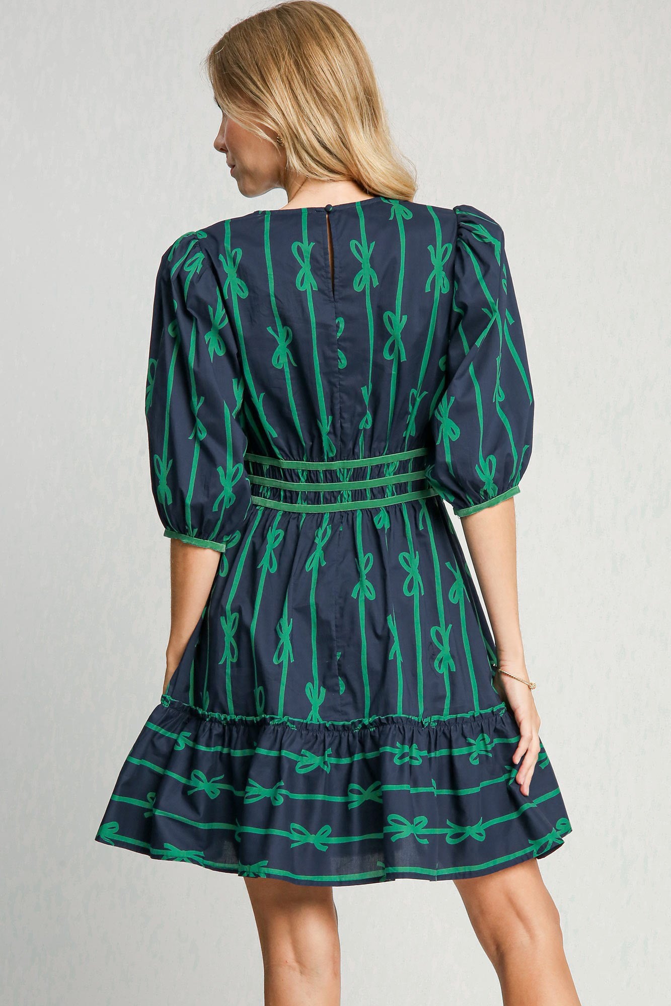 Umgee Ribbon Print Frill Contrast Velvet Trim Half Sleeve Dress in Navy