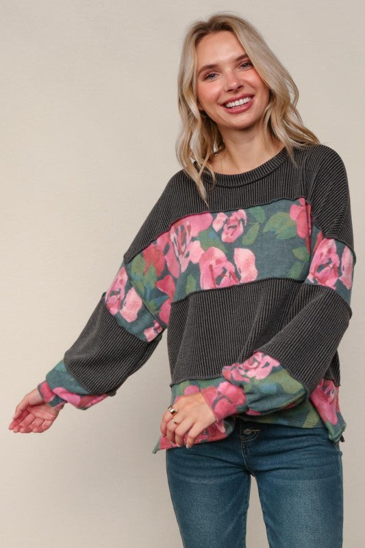 Haptics Floral & Charcoal Color Block Bubble Long Sleeve Knit Top