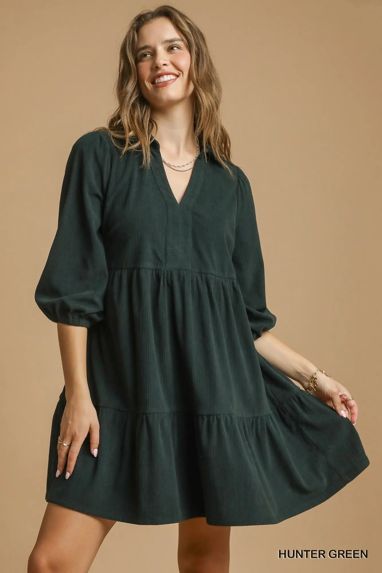 Umgee Hunter Tiered Corduroy Mini Dress with Balloon Sleeves