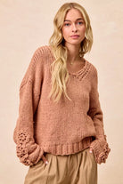 BiBi Dusty Peach Chunky Knit Sweater with Flower Detail Sleeves