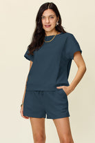 11 Colors- Double Take Quilted Textured Short Sleeve T-Shirt and Drawstring Shorts Set Deep Teal Trendsi