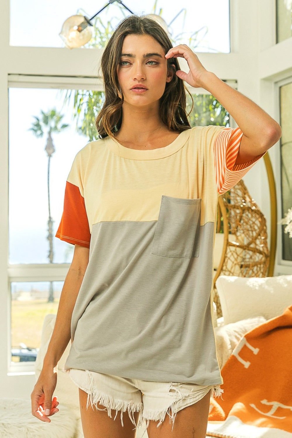 BiBi Sand Color Block Short Sleeve T-Shirt Trendsi