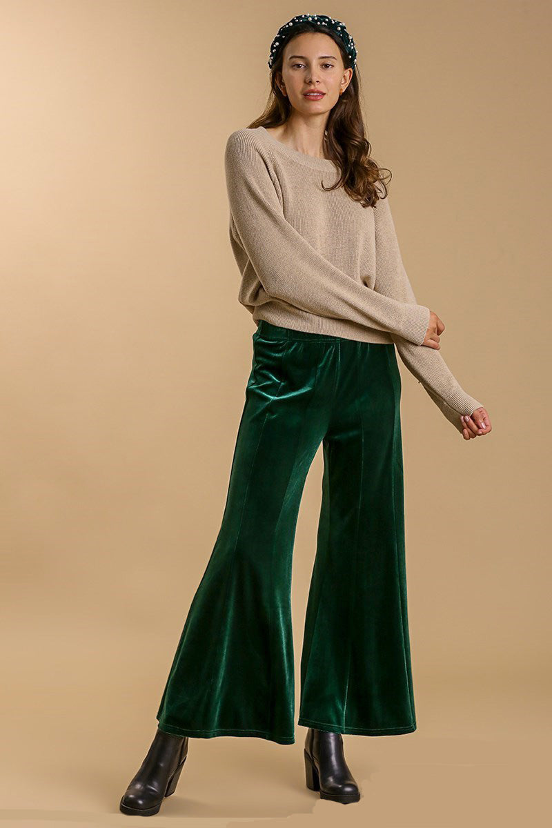 Umgee Dark Green Velvet High Rise Elastic Waist Flare Pants Pants