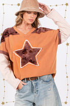 SAGE + FIG Rust Star Patch Long Sleeve Color Block T-Shirt Trendsi